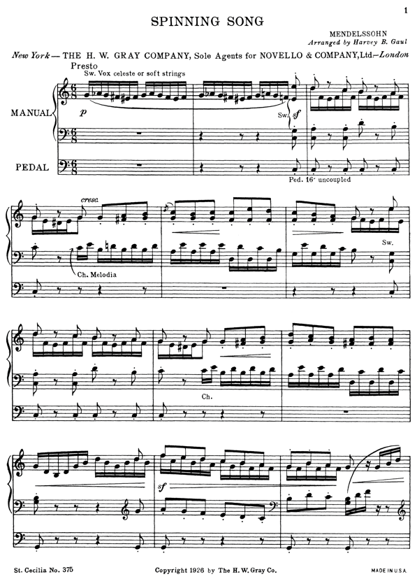 Spinning Song (Spinnerleid), by Felix Mendelssohn, arranged by Harvey B ...
